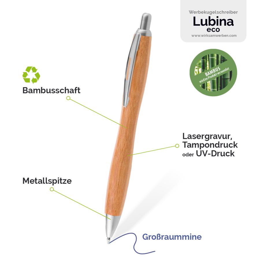 LUBINA-ECO Bambus Kugelschreiber – Details zu Bambusschaft, Metallclip/-spitze und Großraum-Mine