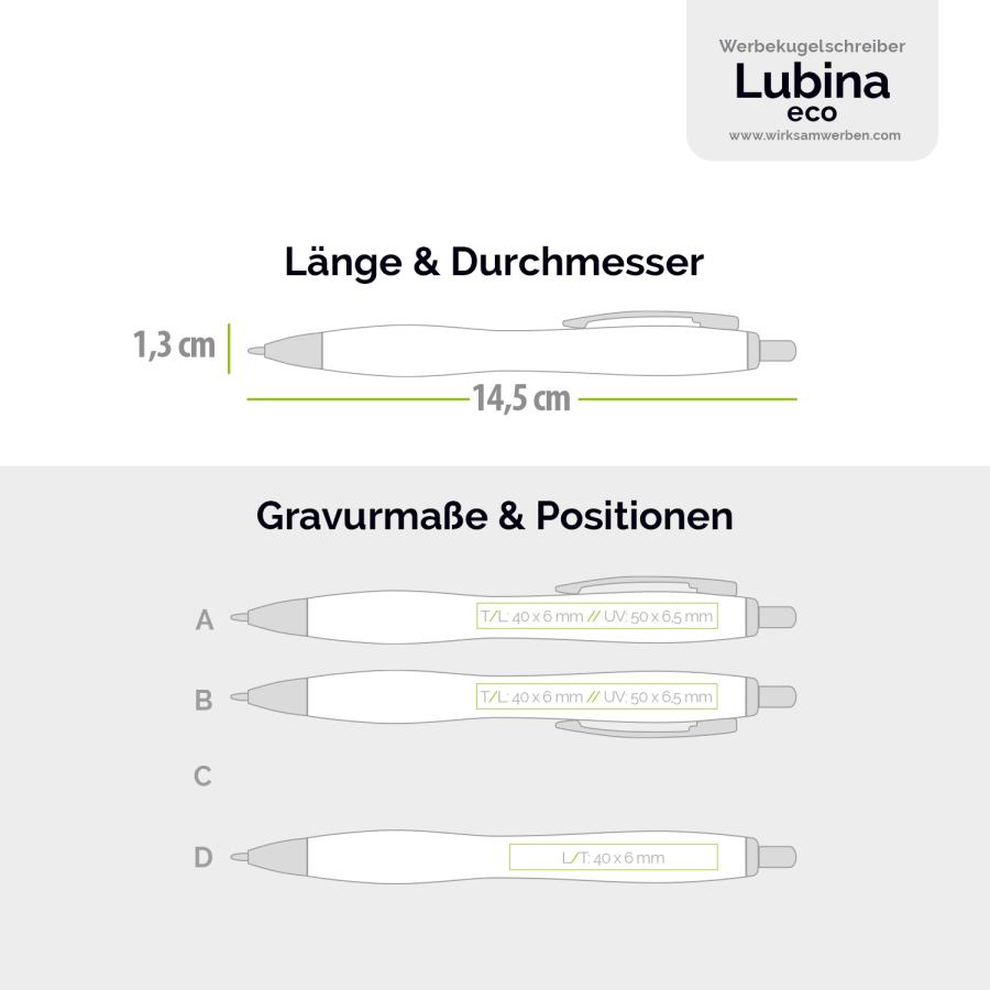 Maßdetails LUBINA-ECO: Länge 14,5 cm, Durchmesser 1,3 cm sowie Gravur- und Druckpositionen