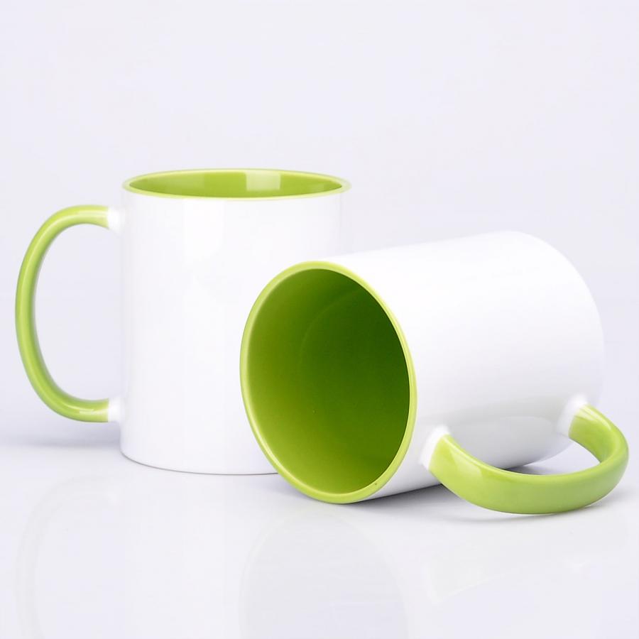 Werbetasse, Fototasse mit hellgr&uuml;nem Henkel & Innenseite, Keramik - 300 ml 