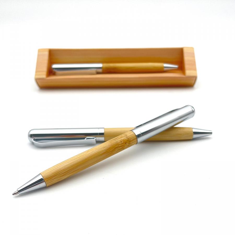 Hochwertiger Bambus- Kugelschreiber mit edlen Metallakzenten & Papierschachtel - ARBOR