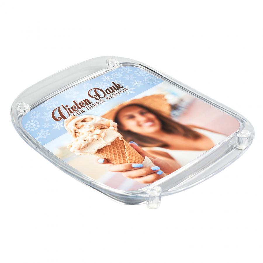 Zahlteller, Kassierteller, Geldablage f&uuml;r Eiscaf&eacute;s, Acrylglas, inkl. Werbung/ Druck