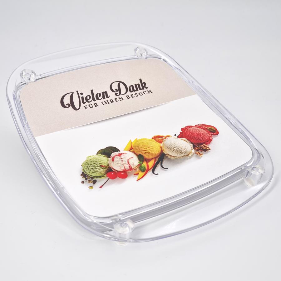 Zahlteller Eis, Kassierteller Geldschale f&uuml;r Eiscaf&eacute;s, Acrylglas, inkl. Eiscreme- Druck