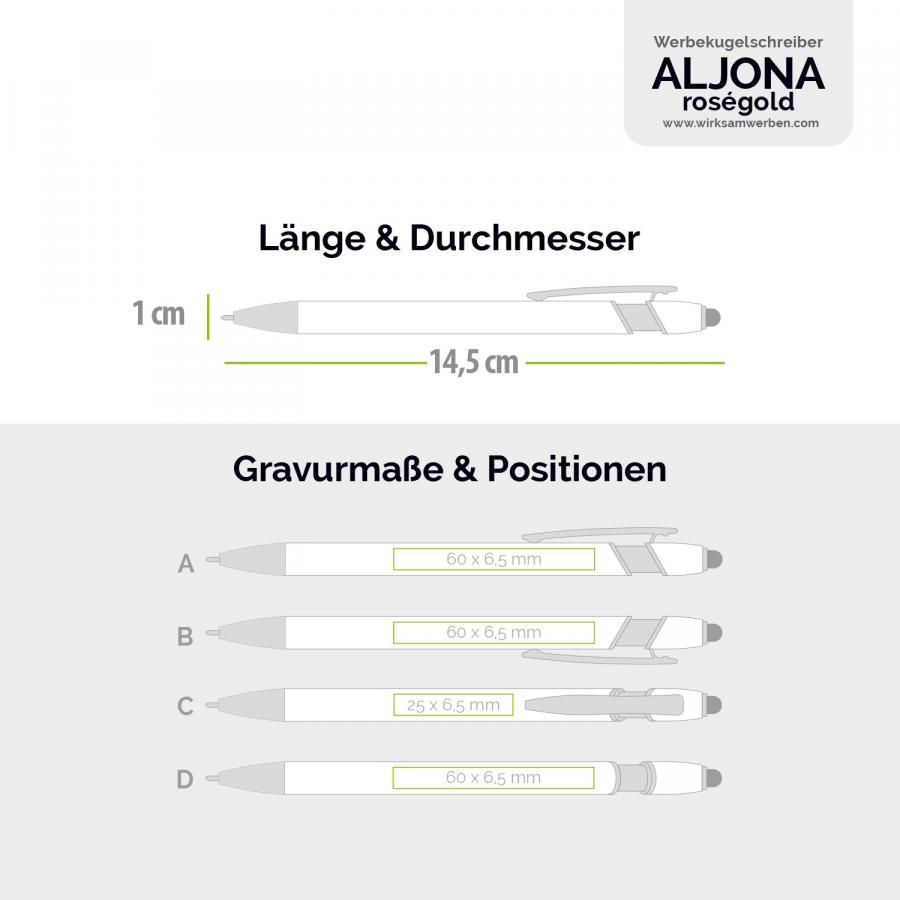 Skizze des ALJONA Kugelschreibers - zeigt präzise die Druck- und Gravurpositionen für eine maßgeschneiderte Personalisierung. Ideal für Marken, die Wert auf Details legen.
