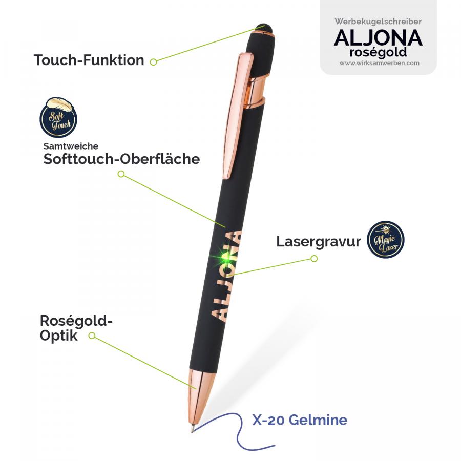 Detailaufnahme des ALJONA Kugelschreibers - betont die Softtouch-Oberfläche, die elegante Roségold-Optik-Gravur und die Touch-pen-Funktion. Für alle, die Qualität und Funktion in einem suchen.
