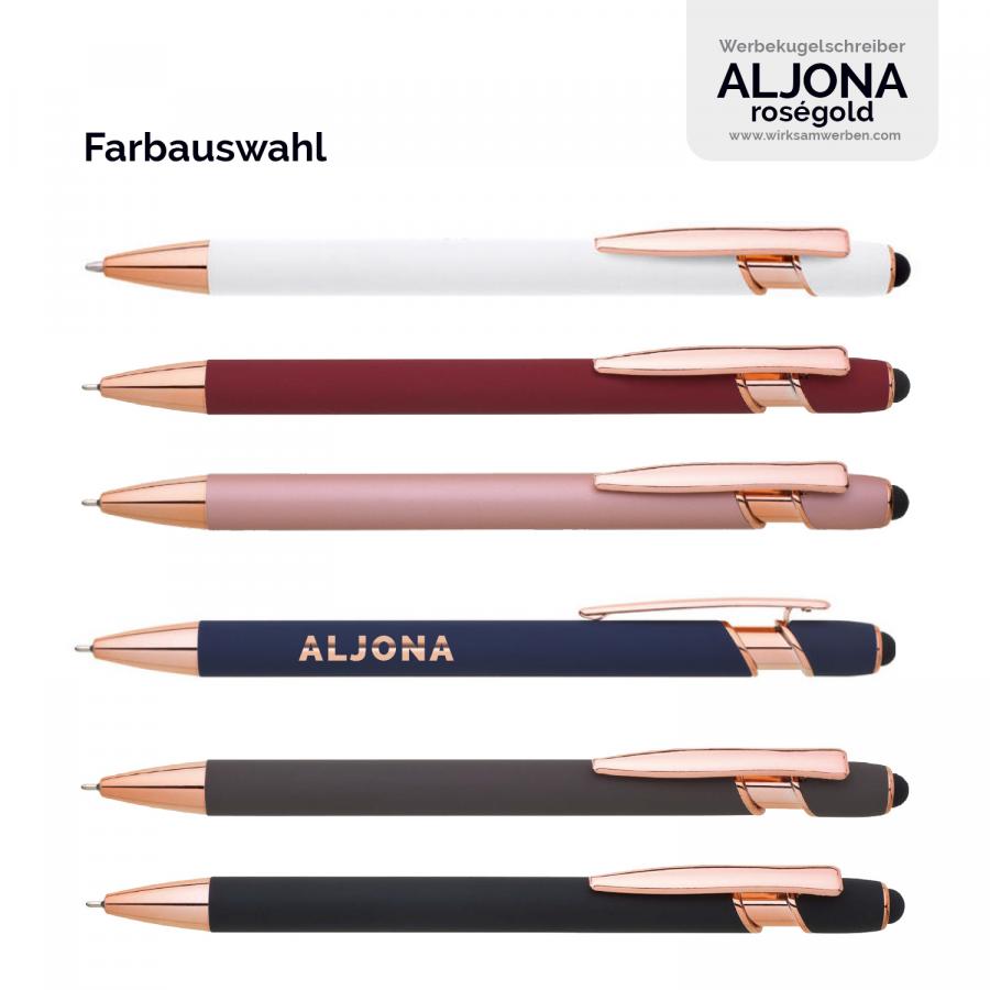 Farbpalette des ALJONA Kugelschreibers - Auswahl aus fünf stilvollen Farbvarianten, ergänzt durch die exklusive Roségold-Optik-Gravur. Ein Must-Have für Design-Liebhaber.
