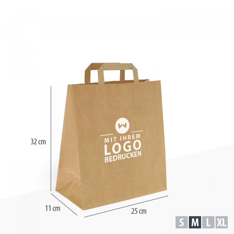 Papiertaschen braun g&uuml;nstig bedrucken, flacher Henkel, 25x11x32 cm, Kraftpapier 80 g/m&sup2;