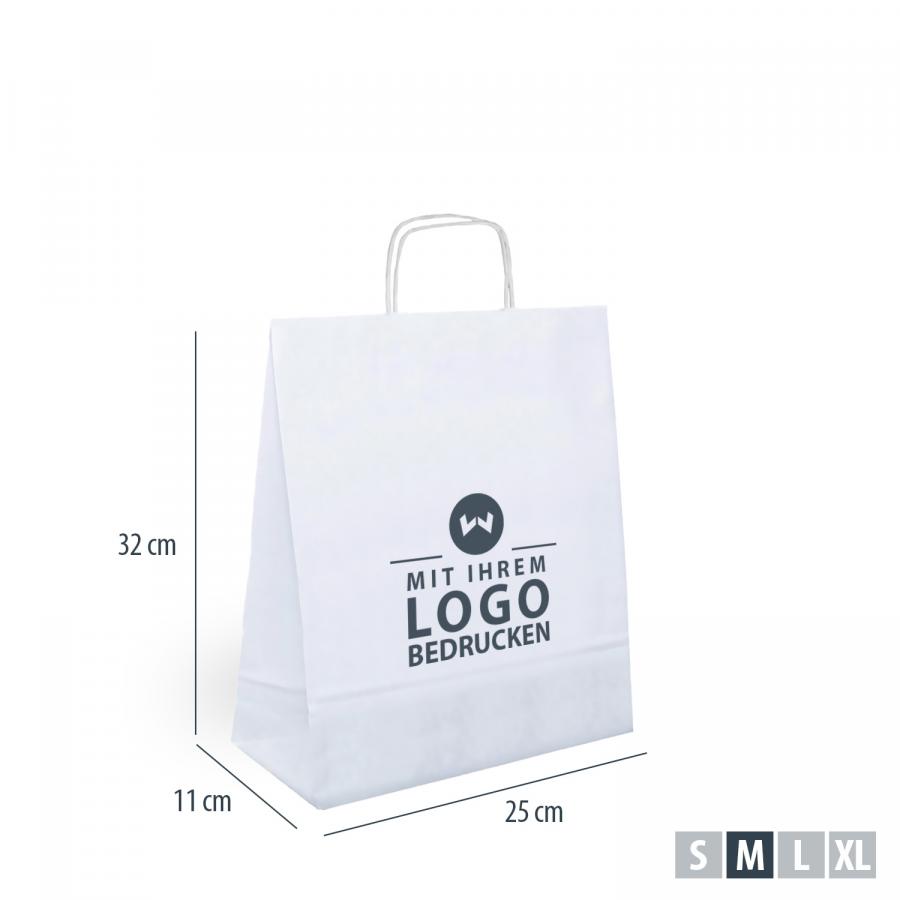 Papiertaschen wei&szlig; mit gedrehtem Henkel bedrucken, 25x11x32 cm, Kraftpapier 80 g/m&sup2;