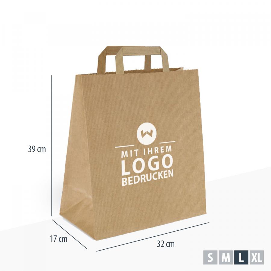 Papiertragetaschen braun mit flachem Henkel bedrucken, 32x17x39 cm, gro&szlig;es Volumen