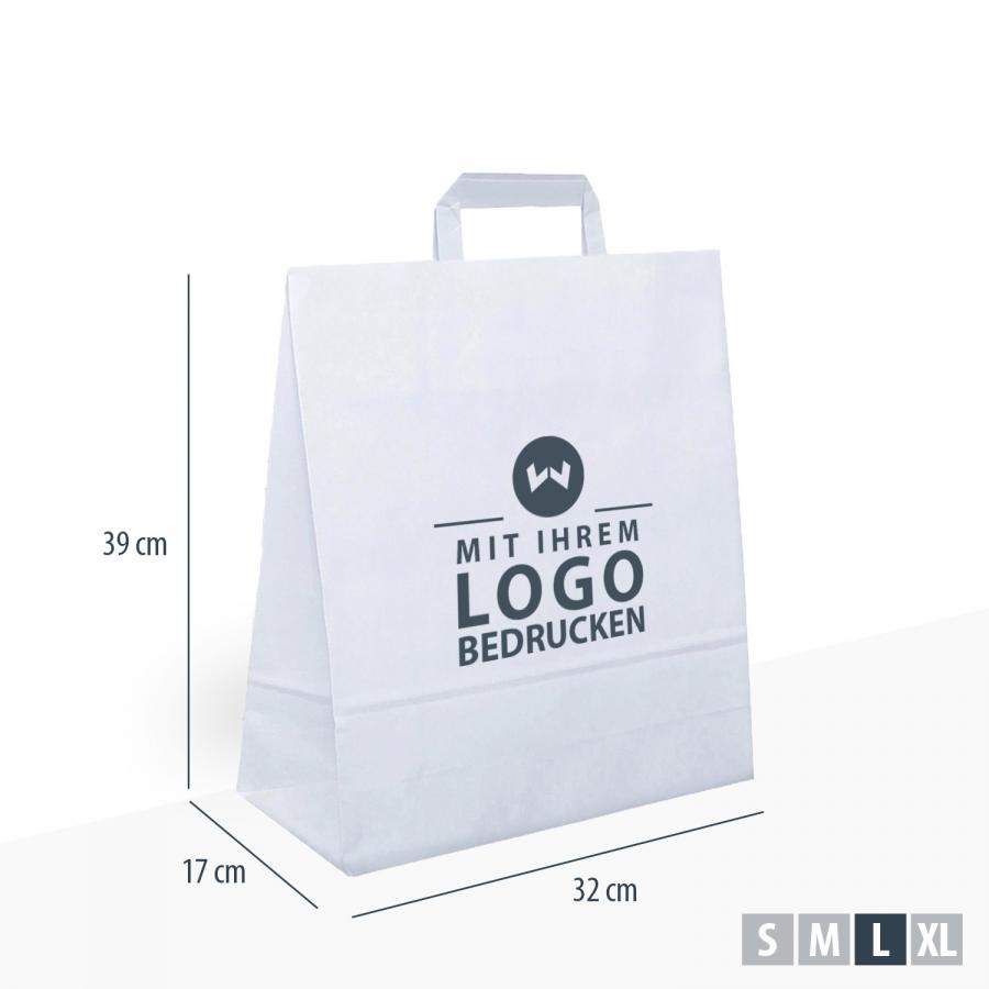 Papiertragetaschen wei&szlig; mit flachem Henkel bedrucken, 32x17x39 cm, Gro&szlig;es Volumen