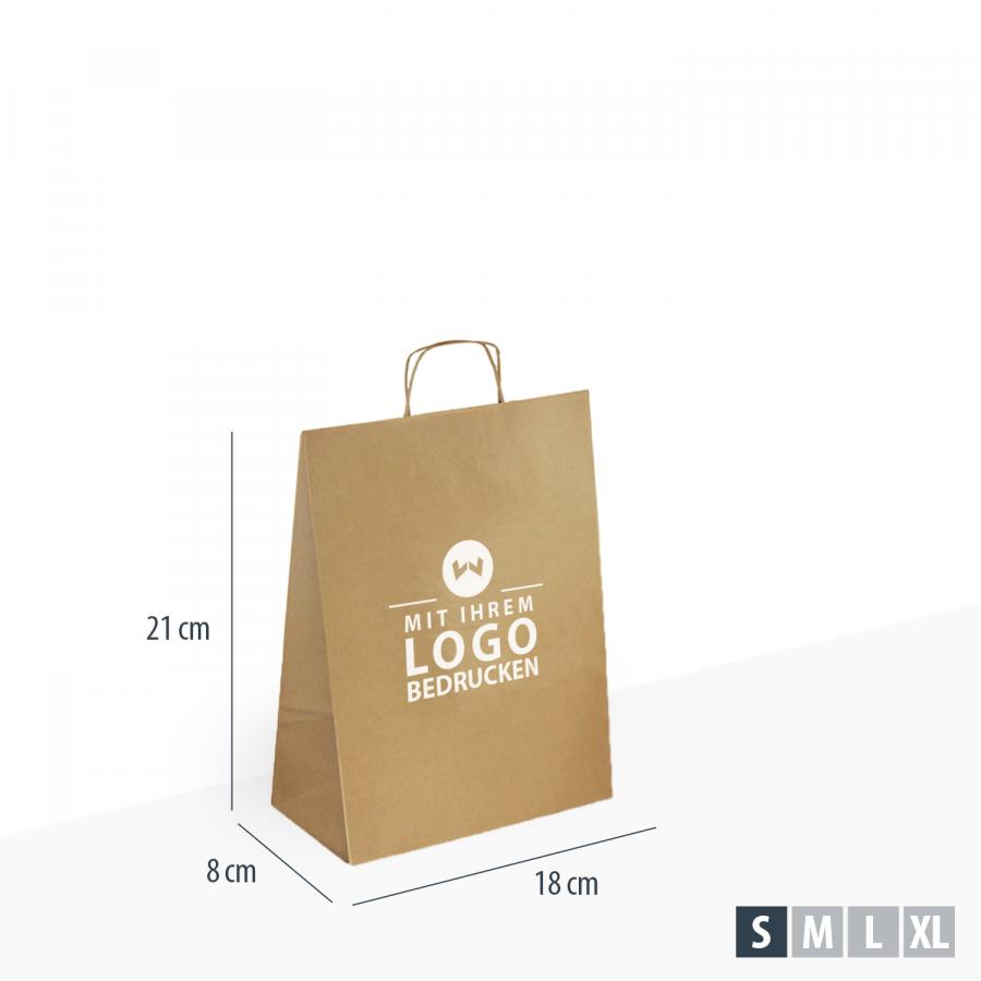 Papiert&uuml;ten braun mit gedrehtem Henkel bedrucken, 18x8x21cm, Kraftpapier 80 g/m&sup2;