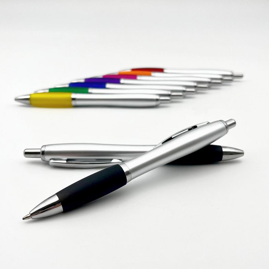 Preiswerte Kugelschreiber LUBINA-SILVER: Kunststoff PVC, Metallic-Silber & Gro&szlig;raum-Mine