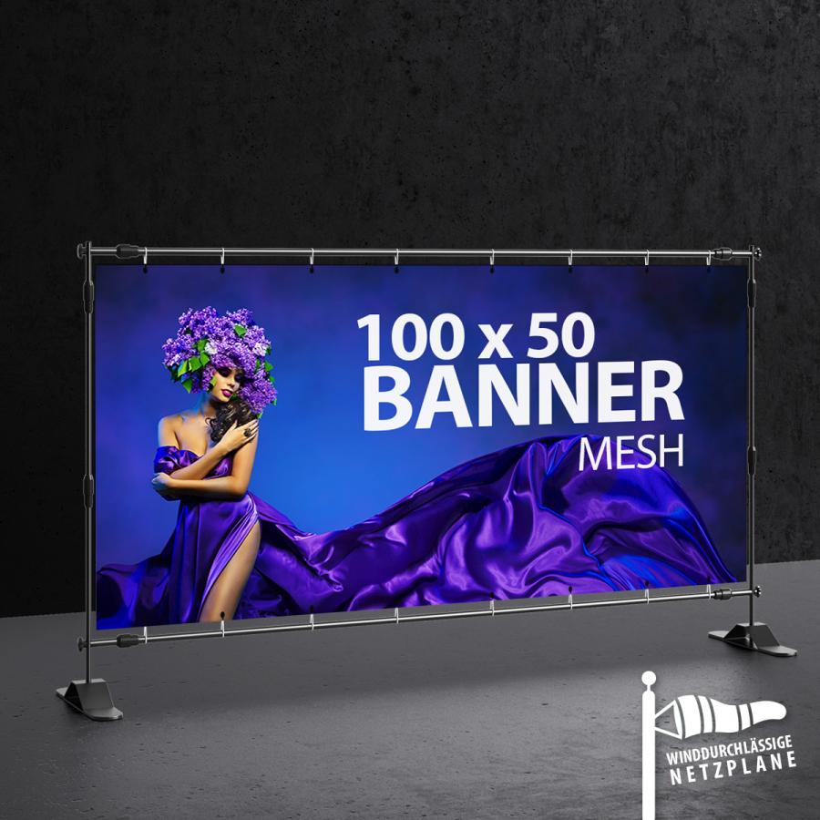 PVC - Meshplane einseitig bedruckt, 100 x 50 cm, Kanten ums&auml;umt, &Ouml;sen ringsum