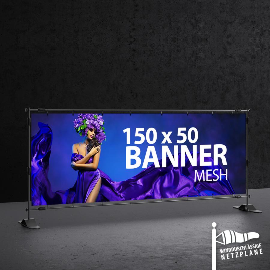 PVC - Meshplane einseitig bedruckt, 150 x 50 cm, Kanten ums&auml;umt, &Ouml;sen ringsum