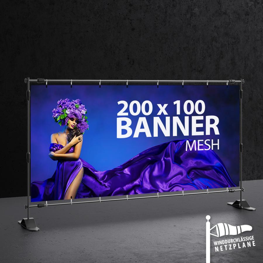 PVC - Meshplane einseitig bedruckt, 200 x 100 cm, Kanten ums&auml;umt, &Ouml;sen ringsum