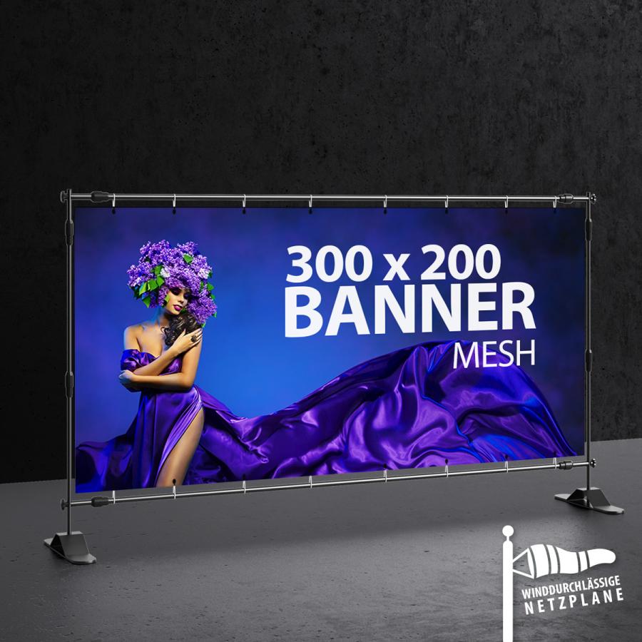 PVC - Meshplane einseitig bedruckt, 300 x 200 cm, Kanten ums&auml;umt, &Ouml;sen ringsum