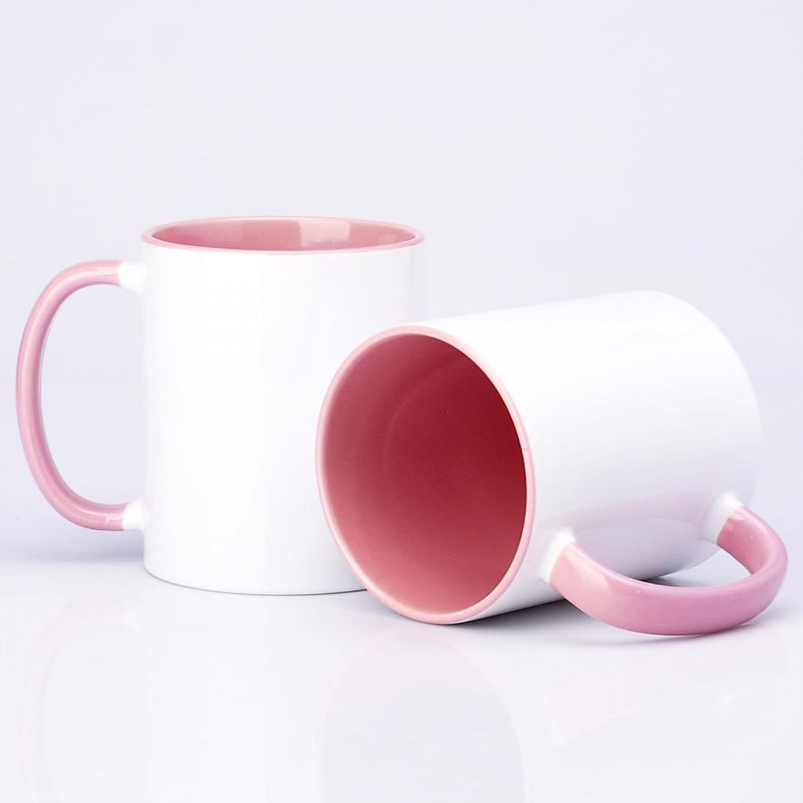 Werbetasse, Fototasse mit rosafarbenem Henkel & Innenseite, Keramik &ndash; 300 ml