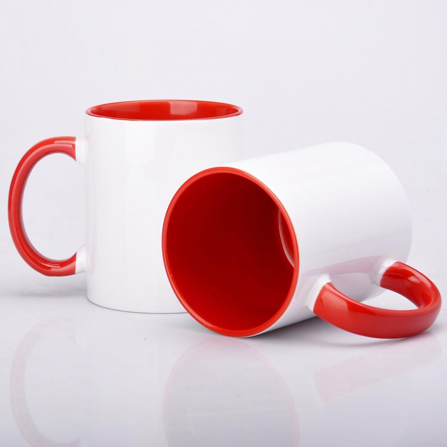 Werbetasse, Fototasse mit rotem Henkel & Innenseite, Keramik - 300 ml