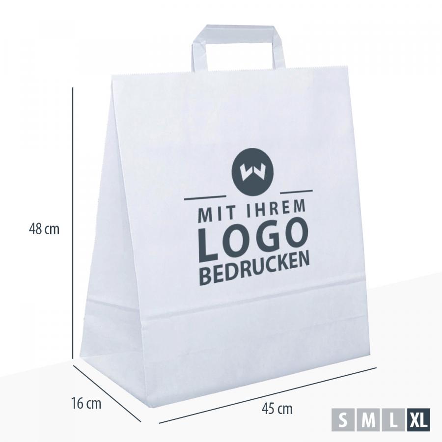 Tragetaschen Papier wei&szlig; mit flachem Henkel, 45x16x48 cm, 35 Liter Volumen