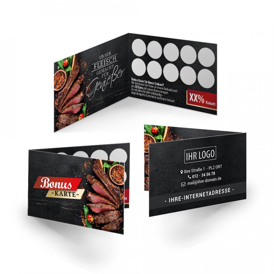 Treuekarten drucken f&uuml;r Fleischer & Metzger, 4-seitig, quer, inkl. Logo