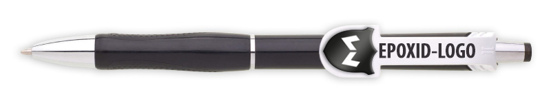 Kugelschreiber verziert mit einem glänzenden Epoxid-Logo, das Tiefe und Glanz hinzufügt.
