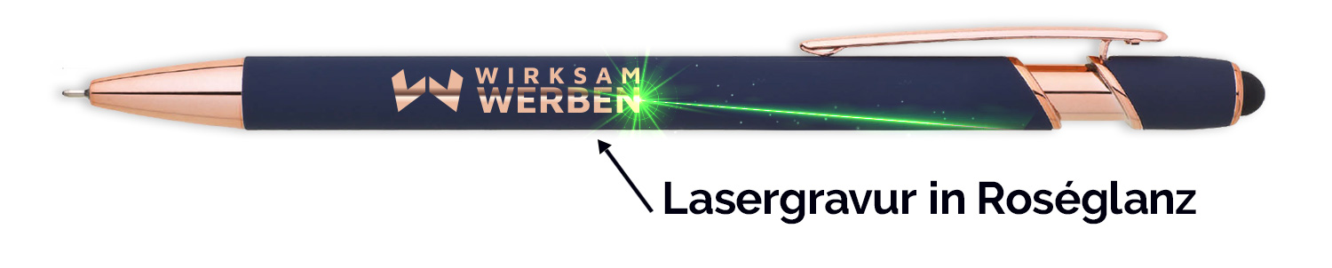 Präzise Lasergravur von einem Logo auf unserem Werbekugelschreiber ALJONA-Roségold